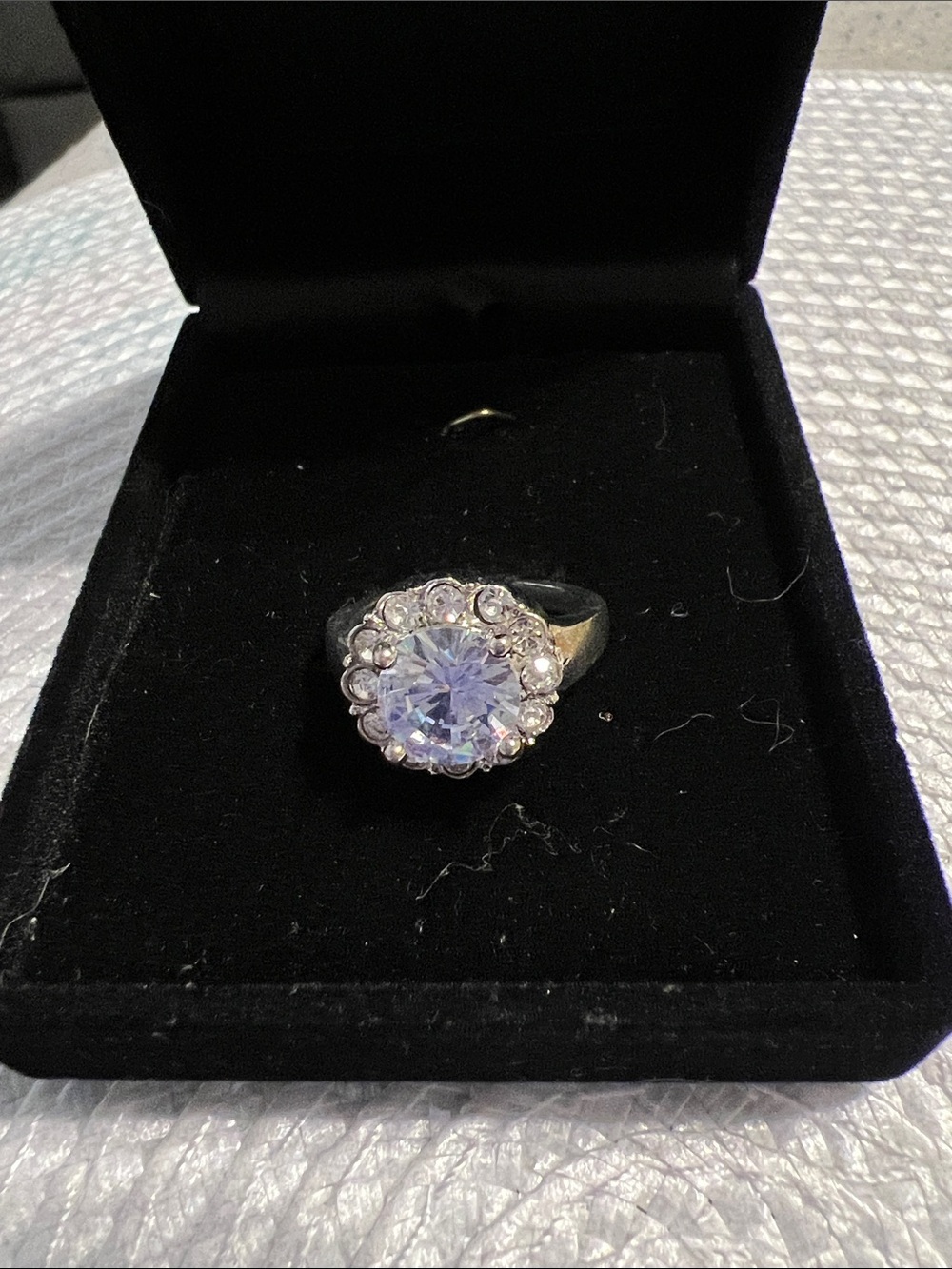 Silver-Tone Halo Ring with Light Purple Center Stone